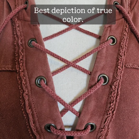 Lace-Up Hooded Pullover Top - Rust - Picture 4 of 14
